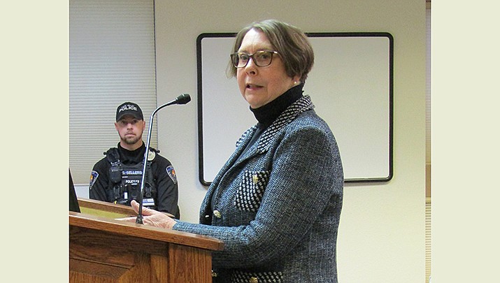 Chino Valley Presiding Magistrate Joan Dwyer speaks at the Town Council meeting, Tuesday, March 14, 2023. (Stan Bindell/For the Review)