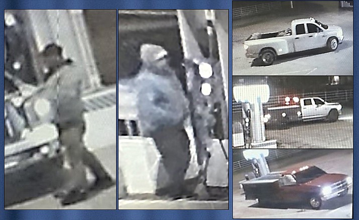 Left, security cameras captured these images of the two male suspects. Right, the three vehicles filled with stolen fuel. (Yavapai County Sheriff’s Office/Courtesy)