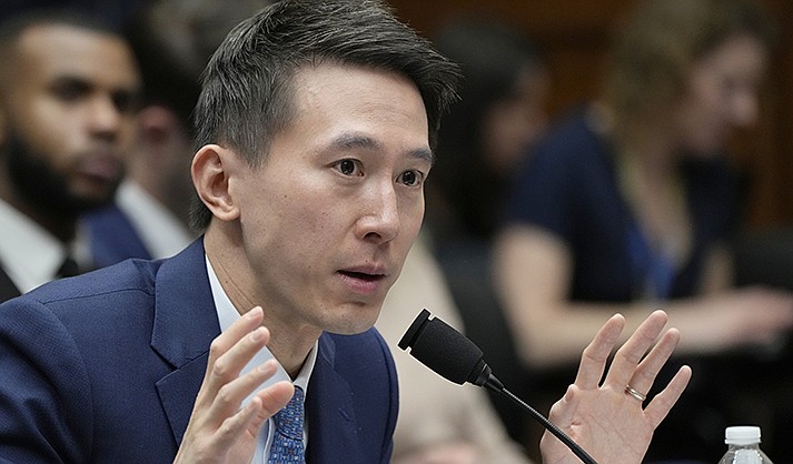 TikTok CEO Shou Zi Chew testifies during a hearing of the House Energy and Commerce Committee, on the platform's consumer privacy and data security practices and impact on children, Thursday, March 23, 2023, on Capitol Hill in Washington. (AP Photo/Jacquelyn Martin)