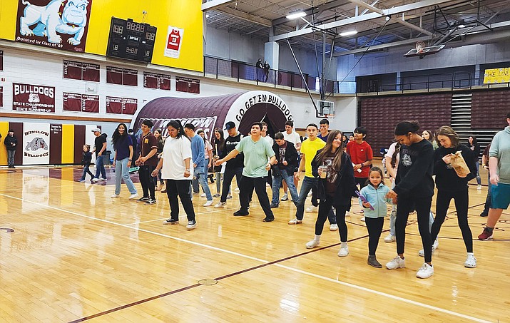 Eighth graders from Winslow Junior High enjoy Bulldog Day at Winslow High School, hosted by WHS Student Council. The event featured orientation activities led by Principal Sal Hernandez, club showcases and music by DJ Chip. The event aimed to give students a glimpse into high school life and help them prepare for the transition. (Photo/Winslow Junior High)