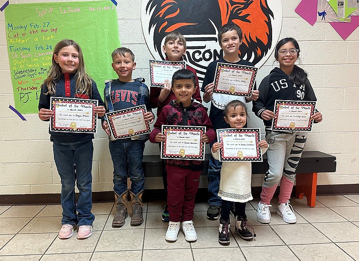 Emma Caballero, Jaime Herrera, Isaac Taylor, Freya Elsass, Bronc Seeley, Christopher Sanders and Litzy Urias are WEMS March students of the month. (Photo/WEMS)