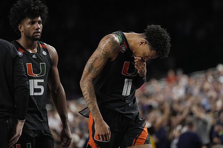Miami guard Jordan Miller reacts to their loss against Connecticut during the second half of a Final Four college basketball game in the NCAA Tournament on Saturday, April 1, 2023, in Houston. (David J. Phillip/AP)