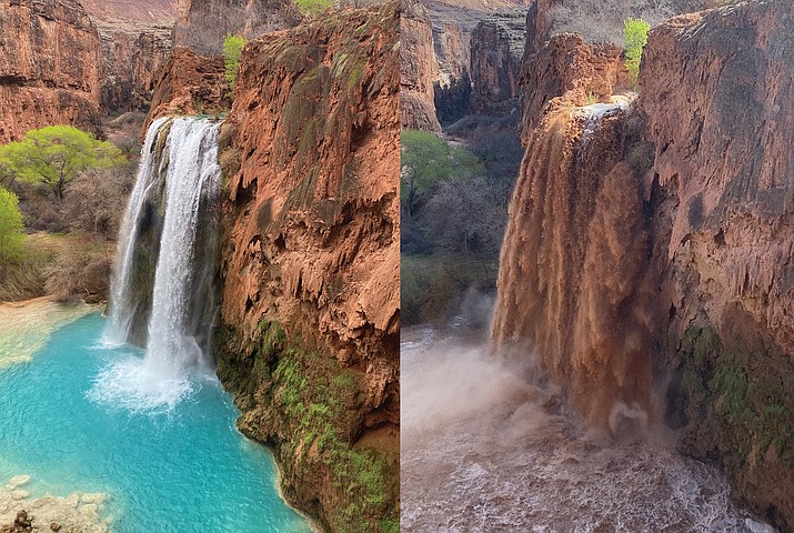 The normally blue-green Havasu Falls turned to a roaring brown during a flooding event March 16. (Photos/Deanna Heany)