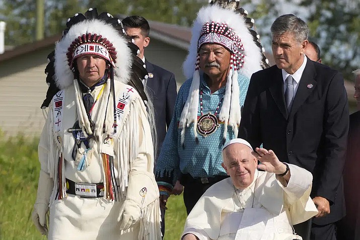 Pope Francis arrives for a pilgrimage at the Lac Saint Anne, Canada July 2022. March 30 the Vatican responded to Indigenous demands and formally repudiated the “Doctrine of Discovery,” the theories backed by 15th-century “papal bulls” that legitimized the colonial-era seizure of Native lands and form the basis of some property law today. (Photo/Gregorio Borgia via AP)