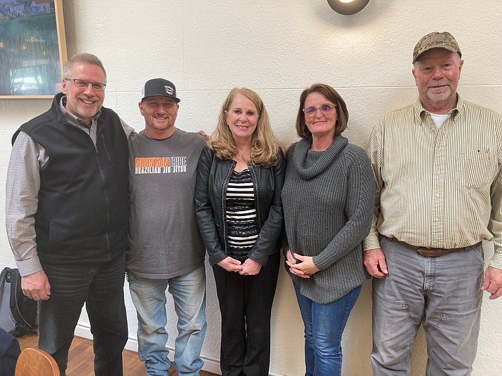 Left to right: Yavapai Reentry Project Community Coach Paul Basar; match Randy Walters, MatForce Executive Director Merilee Fowler, Yavapai Reentry Project Coordinator Clarissa Nelson and new staff member Jim Luper. The group met together at The County Seat Restaurant in Prescott a week ago. (Nanci Hutson/Courier)