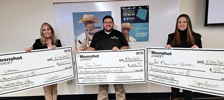Shown are the top winners in the fourth annual Moonshot Pioneer Pitch Tour Yavapai County competition. From left are Tamara Kieren of Vita-Scan, second place; AJ Smith of True Course Simulations, first place; and Amanda Adam of Bear and Dragon Cafe. (Yavapai College Small Business Development Center/Courtesy)