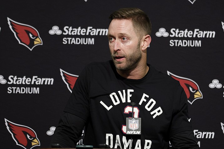 Arizona Cardinals head coach Kliff Kingsbury wears a shirt in support of Buffalo Bills' Damar Hamlin as he speaks at a news conference after the team's NFL football game against the San Francisco 49ers in Santa Clara, Calif., Sunday, Jan. 8, 2023. Kingsbury is joining Lincoln Riley's coaching staff at Southern California as a senior offensive analyst. USC announced the addition Tuesday, April 11, 2023. (Jed Jacobsohn/AP, File)