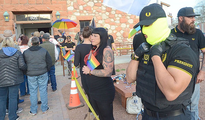 Protesters and Pride Tour supporters stand next to each other outside the Miss Nature’s Arizona Pride Tour 2023 at the Cottonwood Clubhouse Saturday, April 8, 2023. (VVN/Vyto Starinskas)