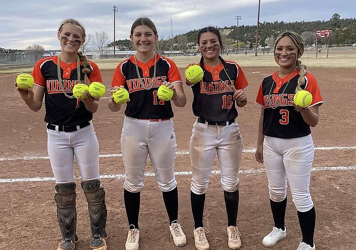 Left to right: Cheznie Carter, Shaylee Echeverria, Kadance Orozco and Makaela Mackay scored seven home runs in their win against Mogollan April 12. (Photo/Raul Hatch)