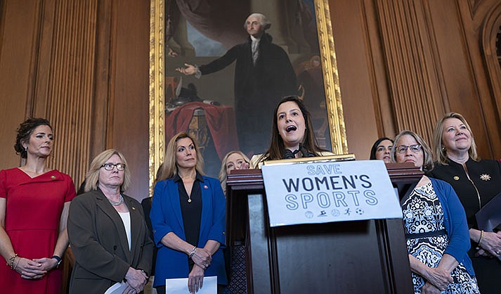 House Republican Conference Chair Elise Stefanik, R-N.Y., speaks as GOP women members hold an event before the vote to prohibit transgender women and girls from playing on sports teams that match their gender identity, at the Capitol in Washington, Thursday, April 20, 2023. (AP Photo/J. Scott Applewhite)