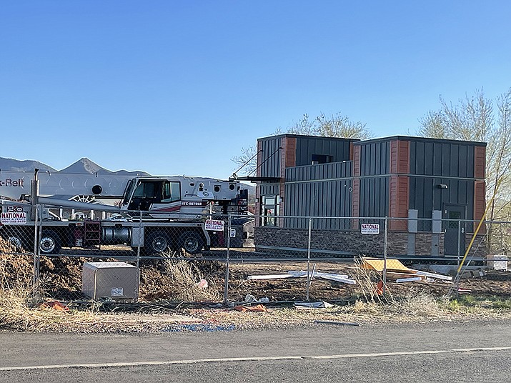 The modular building housing the new Human Bean drive thru coffee business in Prescott Valley arrived  April 11, and is being prepared for an opening expected to be May 31. (Jim Wright/Courier)