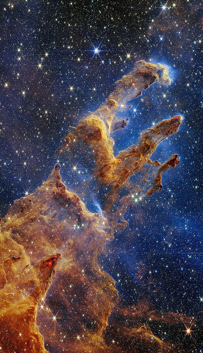 NASA’s James Webb Space Telescope captured this image of the famous Pillars of Creation — first imaged by the Hubble Space Telescope in 1995 — that reveals new details about the region.