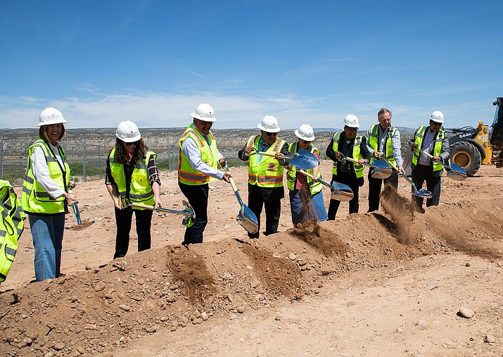 From left: HTEDC CEO Lucinda Smiley, HTEDC CFO Courtney Erickson, HTEDC Board Chairman Edison Tu’tsi, Hopi Tribal Vice-Chairman Craig Andrews, Clarkdale Mayor Robyn Prud’homme-Bauer, Hopi Tribal Chairman Timothy Nuvangyaoma and HTEDC board members Joe Yuhas and Raymond Namoki for the groundbreaking of a new hotel in Clarkdale April 2. (Photo/HTEDC)