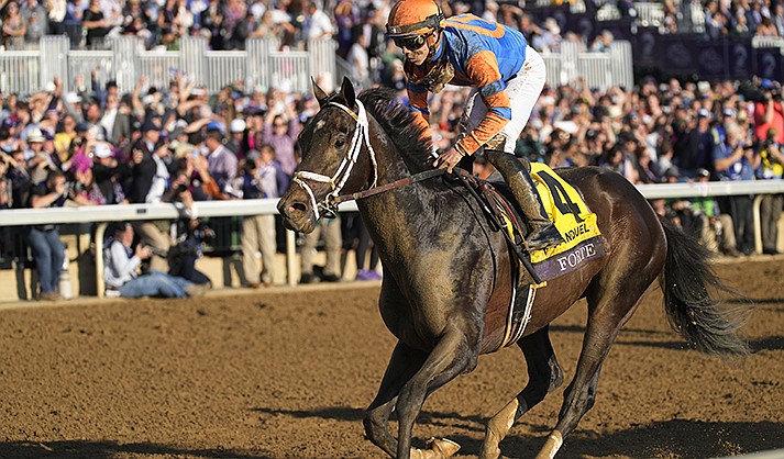 Irad Ortiz Jr. rides Forte to victory during the Breeders' Cup Juvenile race at Keenelend Race Course, Friday, Nov. 4, 2022, in Lexington, Ky. (AP Photo/Jeff Roberson, File)