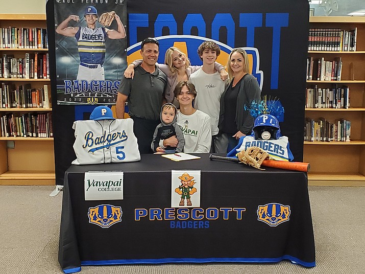 Paul Fernow, senior pitcher/outfielder for Prescott baseball, takes a photo with his family after signing his letter of intent on Thursday, May 4, 2023, to continue his athletic career at Yavapai College. (Prescott Athletics/Courtesy)