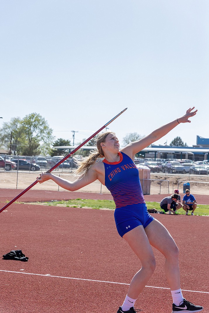 Danica McDonald of Chino Valley track and field took home the gold in the javelin event at the Division IV state meet on Saturday, May 6, 2023, at Red Mountain High School.
(Marc Metz/Courtesy)
