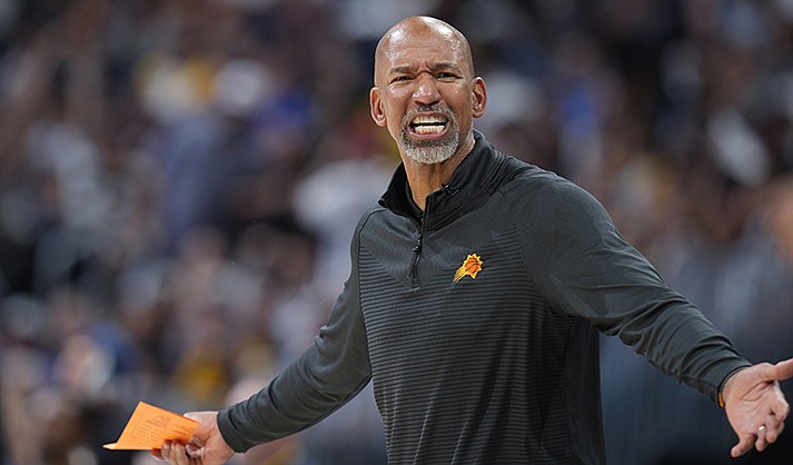 Phoenix Suns coach Monty Williams argues for a call during the second half of Game 5 of the team's NBA Western Conference basketball semifinal playoff series against the Denver Nuggets on Tuesday, May 9, 2023, in Denver. (AP Photo/David Zalubowski)