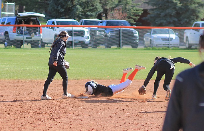 Makaela Mackay slides into second base during the state quarterfinal game with Mogollon May 5. (Wendy Howell/WGCN)