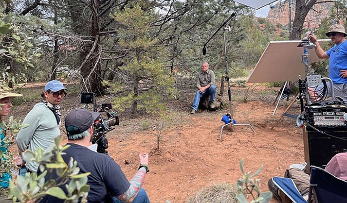 Film set at Cypress Trail, with director interviewing local land steward Craig Swanson. (Courtesy of the Red Rock Trail Fund)