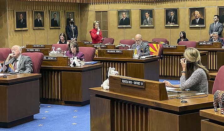 Arizona Republican Sen. Wendy Rogers, standing in the background, defends her inflammatory comments ahead of a censure vote in the Senate, March 1, 2022, at the state Capitol in Phoenix. On Wednesday, May 10, 2023, a judge dismissed Rogers' restraining order against a reporter, saying that the investigative journalist's conduct did not rise to the level of harassment. (AP Photo/Jonathan J. Cooper, File)