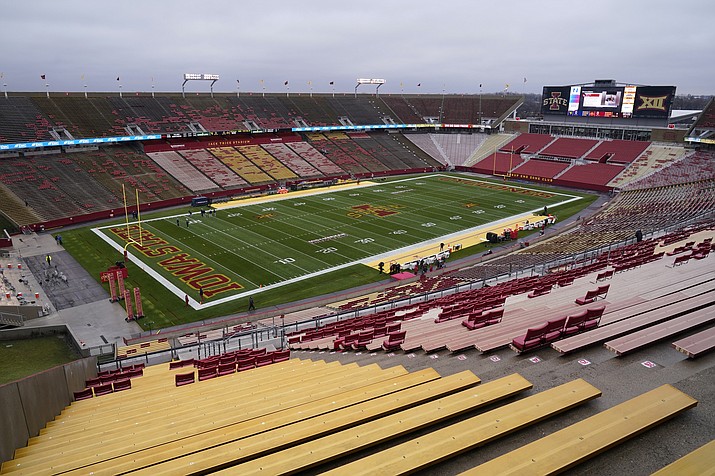 Jack Trice Stadium is viewed before a game between Iowa State and West Virginia, Nov. 5, 2022, in Ames, Iowa. Iowa State University said it is aware of online sports wagering allegations involving approximately 15 of its athletes from the sports of football, wrestling and track & field in violation of NCAA rules. (Charlie Neibergall/AP, File)