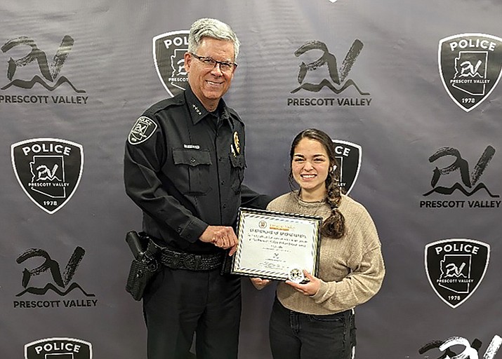 Prescott Valley Police Department (PVPD) congratulates Mia Hamlin on completing her internship with the agency. Police Chief Bob Ticer recognized Hamlin in a small ceremony on April 18. Hamlin served her internship from January 2023 to April 2023. She was honored for her job performance while at the police department, her willingness to learn and the changes she assisted with during her internship. Hamlin is currently in her senior year at Embry-Riddle Aeronautical University. “We look forward to the great things she will do in the future,” PVPD stated in a news release. (Prescott Valley Police Department/Courtesy)