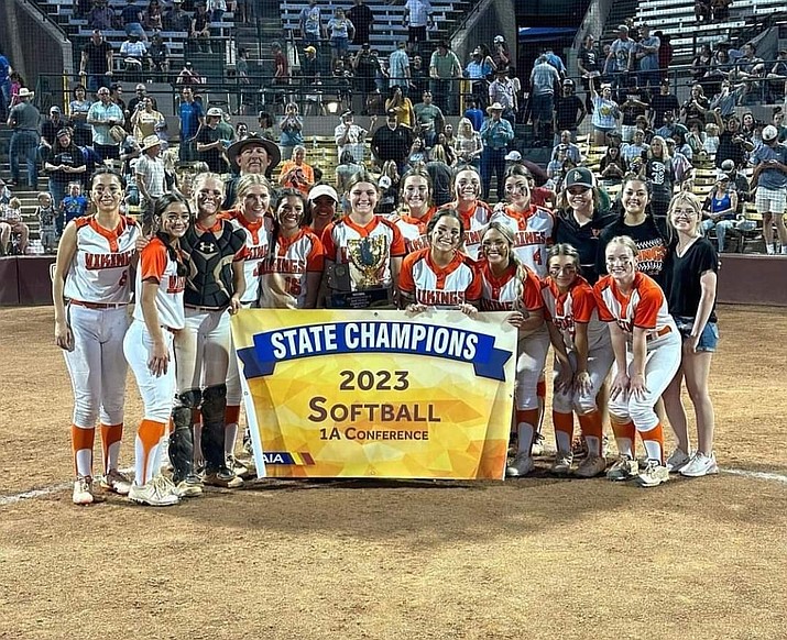 The Lady Vikings celebrate following their 1A State Championship win May 12. (Submitted photo)