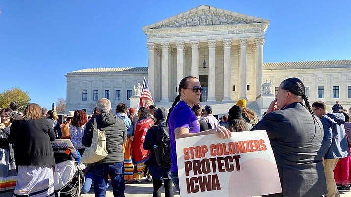 The U.S. Supreme Court heard oral arguments Nov. 9, 2022, 
in Haaland v. Brackeen, a case that will decide if the ICWA is 
constitutional. Outside, ICWA supporters were on site in numbers. (Pauly Denetclaw/ICT