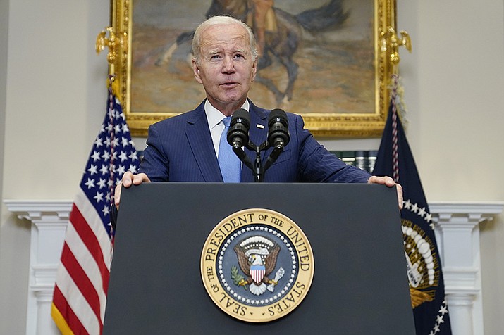 President Joe Biden speaks about the debt limit talks in the Roosevelt Room of the White House, Wednesday, May 17, 2023, in Washington. (Evan Vucci/AP)