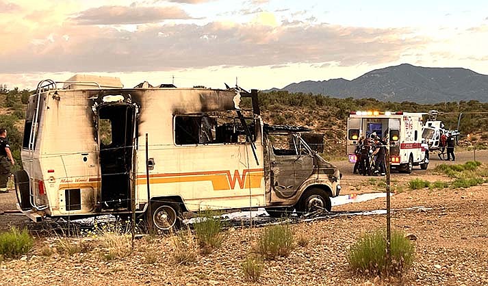 The Verde Valley Fire District and Verde Valley Ambulance responded to an RV fire on State Route 260 with a medical helicopter from Guardian Air at 6:30 p.m. Sunday night, May 14, 2023. At least one person was transported by medical helicopter. (VVN/Vyto Starinskas)