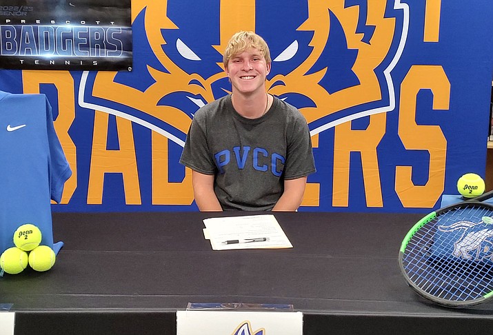 Prescott High School’s Leyton Fetty signed with Paradise Valley Community College on Thursday, May 17, 2023, to continue his tennis career and education. (Thomas Staples/Courier)