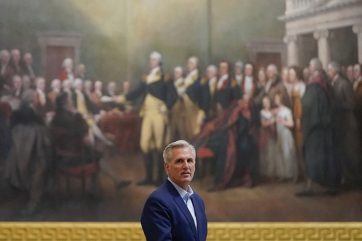 Speaker of the House Kevin McCarthy, R-Calif., walks in the Capitol Rotunda on Capitol Hill in Washington, Sunday, May 21, 2023. (Patrick Semansky/AP)