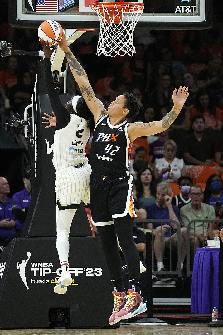 Phoenix Mercury center Brittney Griner (42) blocks the shot of Chicago Sky guard Kahleah Copper (2) during the first half Sunday, May 21, 2023, in Phoenix. (Ross D. Franklin/AP)