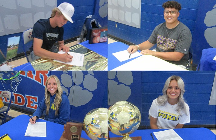 Seven Chino Valley athletes signed their letters of intent during a signing day event on Tuesday, May 16, 2023, at Chino Valley High School. Four of the seven athletes are pictured above: Carson Snyder, top left, Kaden Wagner, top right, Kaitlyn Roskopf, bottom left, and Delyn Bannan, bottom right. London Wigen, Anna Olson and Audrey Hoey not pictured. (Stan Bindell/For the Courier)