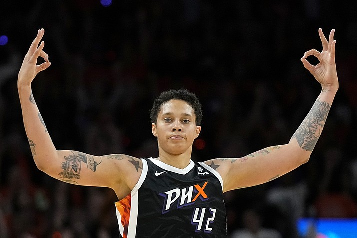 Phoenix Mercury center Brittney Griner (42) celebrates her three-pointer against the Chicago Sky during the second half of a game, Sunday, May 21, 2023, in Phoenix. (Ross D. Franklin/AP)