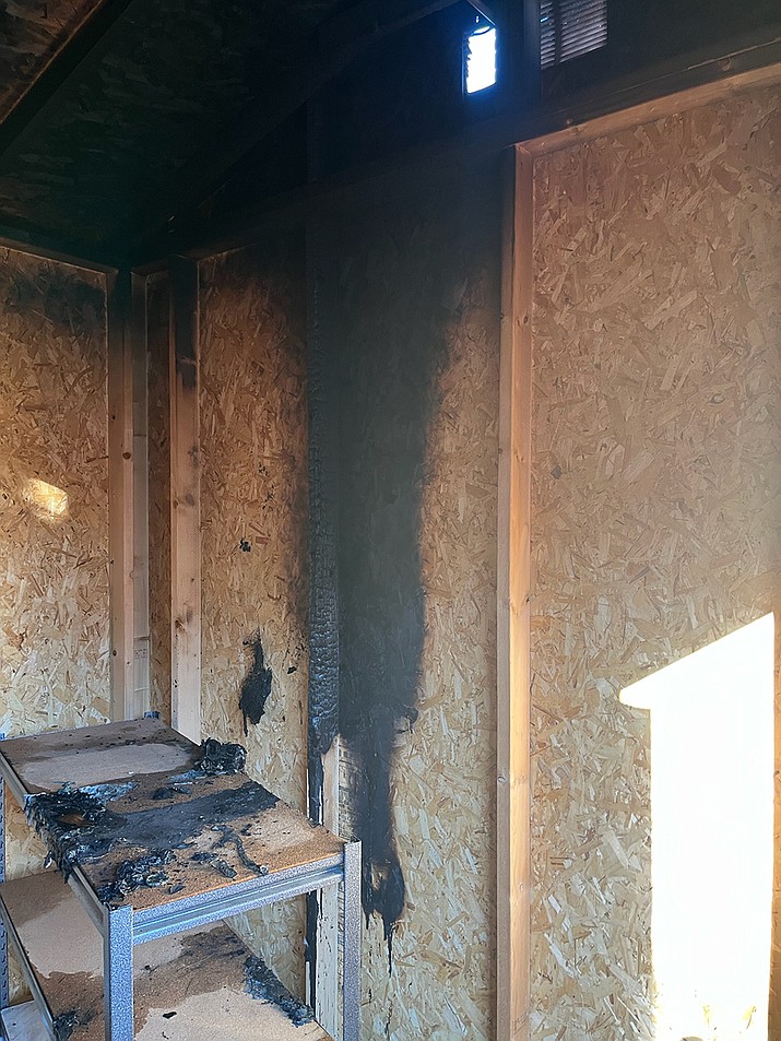 This shed at Prescott High School was damaged by a small fire Friday, May 26, 2023. The cause is under investigation. (Prescott Fire Department/Courtesy)