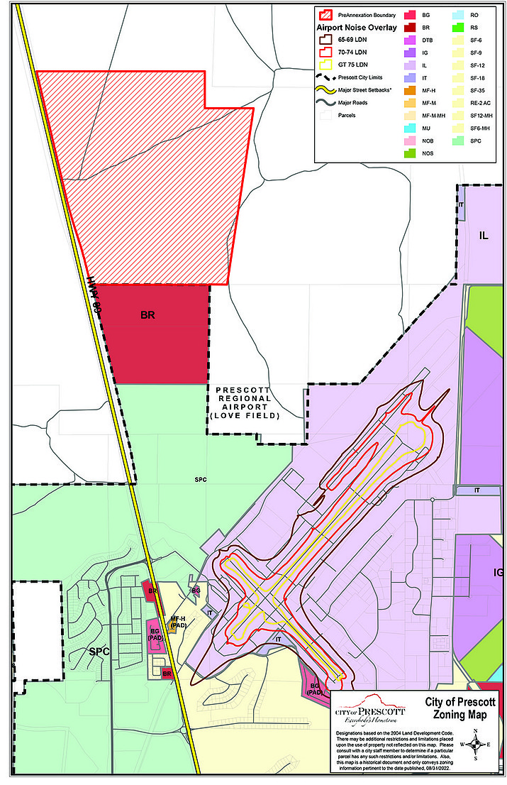 As a part of a news release on Friday afternoon, May 26, 2023, the City of Prescott released a map that shows the area that is addressed in a pre-annexation agreement with the Deep Well Ranch. The council voted 5-2 on May 23, 2023 to enter into a pre-annexation agreement with the Deep Well Ranch (the owners of the property) for the 600-acre parcel, with the goal of protecting the Prescott Regional Airport. (City of Prescott/Courtesy)