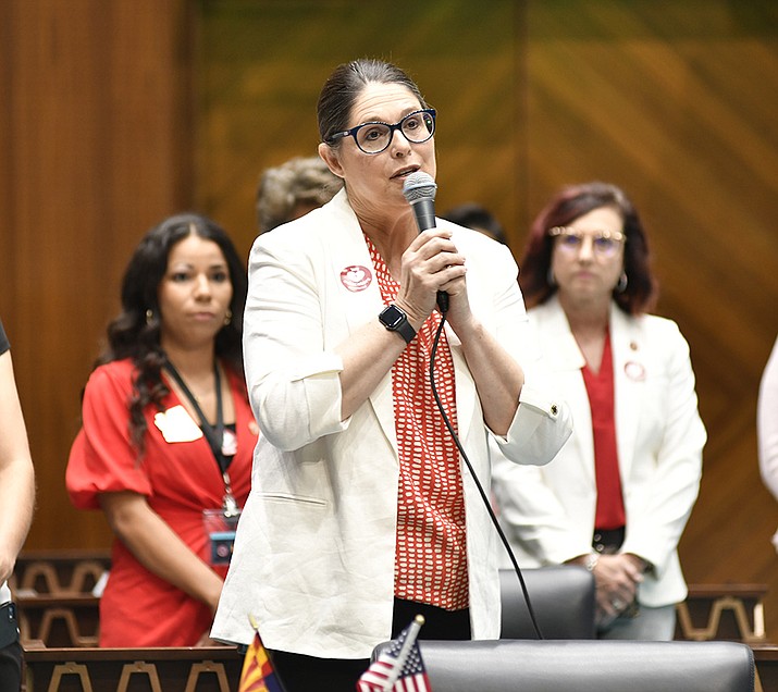 Rep. Stephanie Stahl Hamilton apologizing April 28, 2023 after hidden camera video showed her moving and hiding Bibles that had been in the House lounge, declined to attend a House Ethics Committee hearing on the matter Thursday, May 25, 2023.(Howard Fischer/For the Courier)