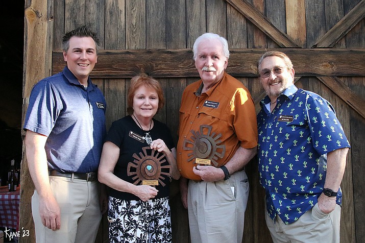 SHS/SHM Executive Director Nate Meyers, President’s Award Recipient Clancy Sage, Volunteer of the Year Dermot Hayes, and SHS President Al Comello at the Sedona Historical Society Volunteer Appreciation Party, April 27.  (Photo credit: Larry Kane)