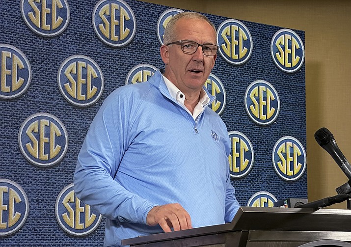Southeastern Conference Commissioner Greg Sankey speaks to reporters during the conference’s spring meetings, Tuesday, May 30, 2023, in Destin, Fla. (Ralph Russo/AP)