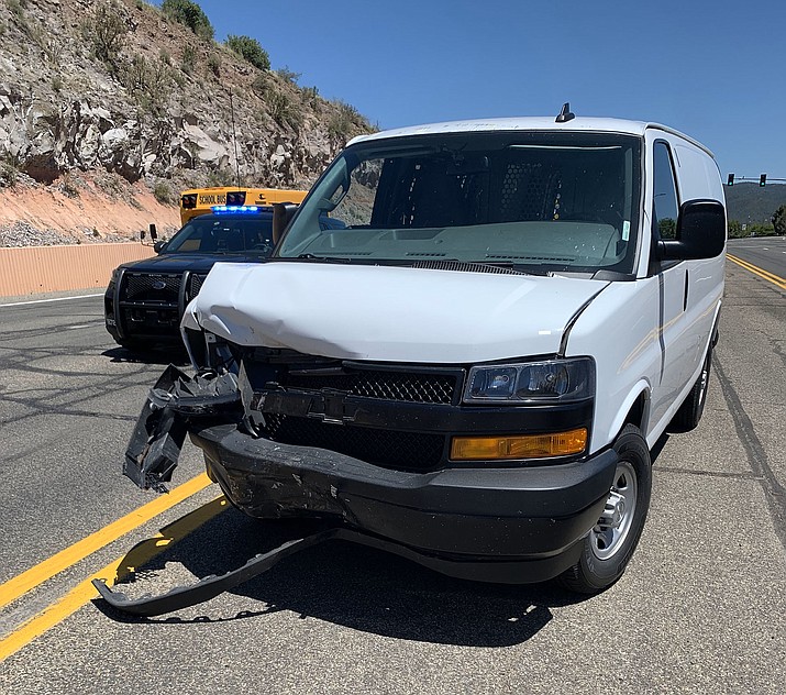 Four vehicles were involved in a crash on westbound Highway 69 - with this one allegedly starting the chain of events, police said - on Tuesday afternoon, June 6, 2023. The result was a temporary shutdown of several lanes and backup of traffic. (Prescott Police/Courtesy photo)