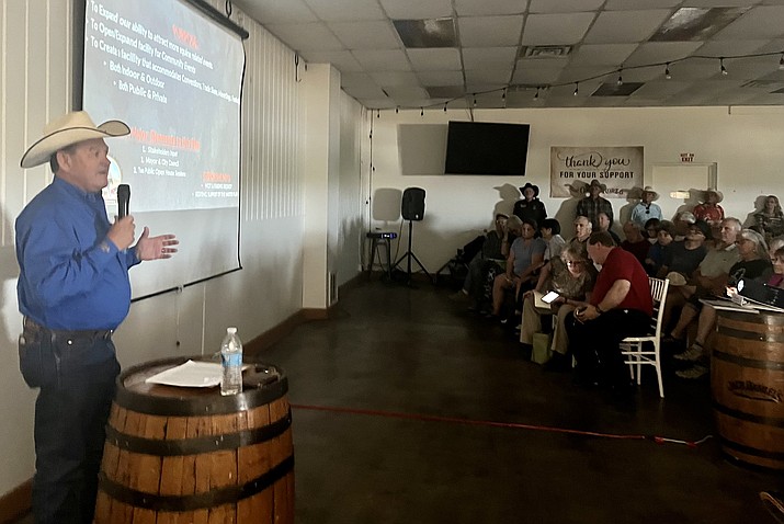 Ron Owsley, president of Prescott Frontier Days, Inc., speaks to the crowd during an open-house meeting Tuesday evening, June 6, 2023, at the Prescott Rodeo Grounds for a presentation on Prescott Frontier Days’ plans for a $40 million makeover of the City of Prescott-owned grounds where the “World’s Oldest Rodeo” takes place over the week of July 4. (Cindy Barks/Courier)