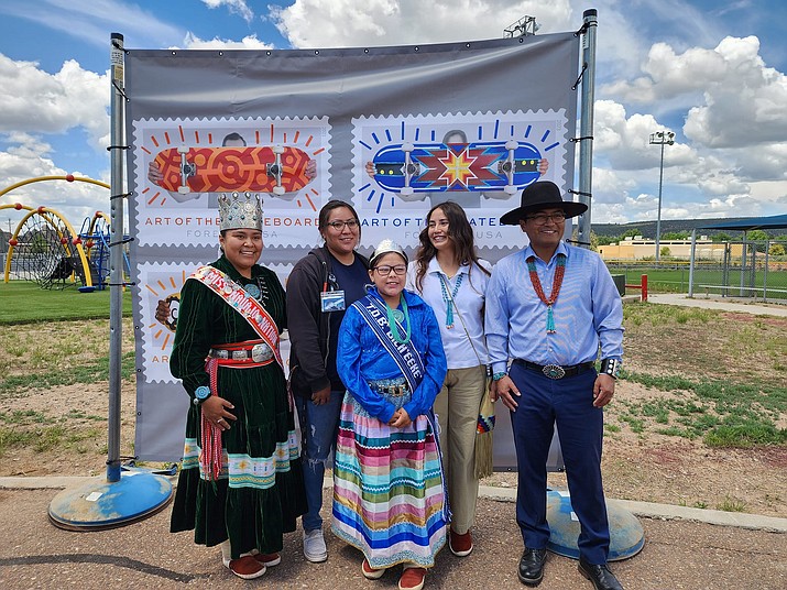 Miss Navajo Valentina Clitsko joins Buu Nygren and other community members to recognize Di’ Orr Greenwood June 2. (Photo/OMNN)