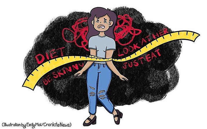 Discussion of eating disorders still focuses on women, who are most likely to suffer from eating disorders like bulimia and anorexia, but experts say research, diagnosis and treatment lags for men, LGBTQ individuals and Latina and Black women. (Illustration by Emily Mai/Cronkite News)