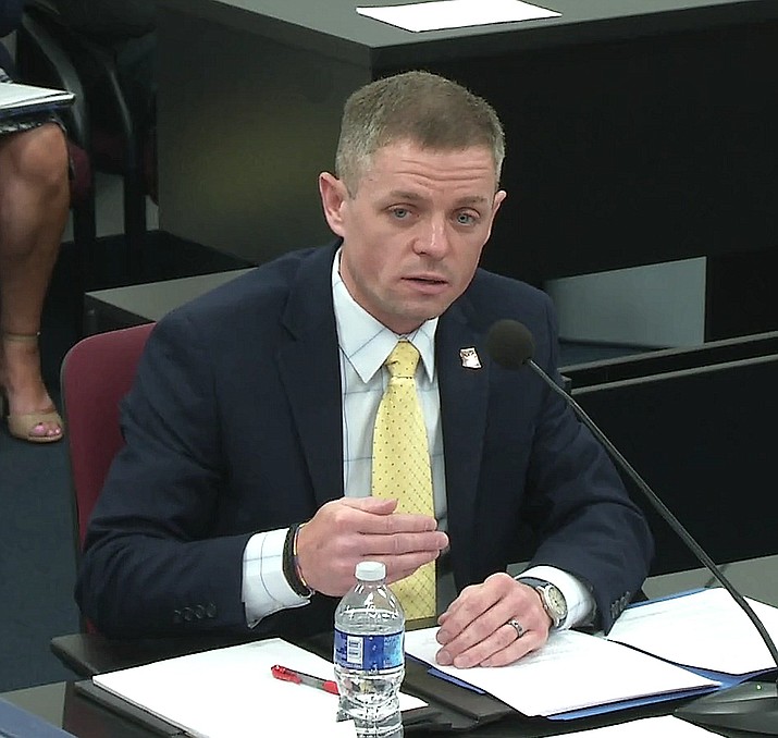Ryan Thornell, the choice of Gov. Katie Hobbs to head the state’s prison system, answers questions Tuesday from members of a Senate committee reviewing his nomination. (Screenshot via Howie Fischer)