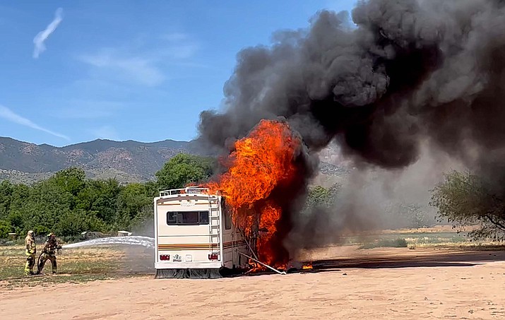 A woman was flown to a burn facility after a fire destroyed an RV in Riverfront Park on Wednesday, June, 7, 2023. (VVN/Vyto Starinskas)