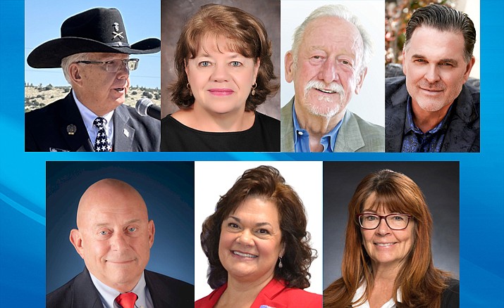 Shown are the candidates for Prescott Mayor and City Council in the primary election Tuesday Aug. 1, 2023. Clockwise from upper left: Mayor Phil Goode, Connie Cantelme, Tony Hamer, Chad DeVries, Cathey Rusing, Lois Fruhwirth and Ted Gambogi. (Courtesy photos)