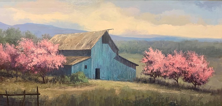 'Teal Barn Flanked' by Simon Winegar, 24 x 48 oil (Courtesy/ Mountain Trails Gallery)