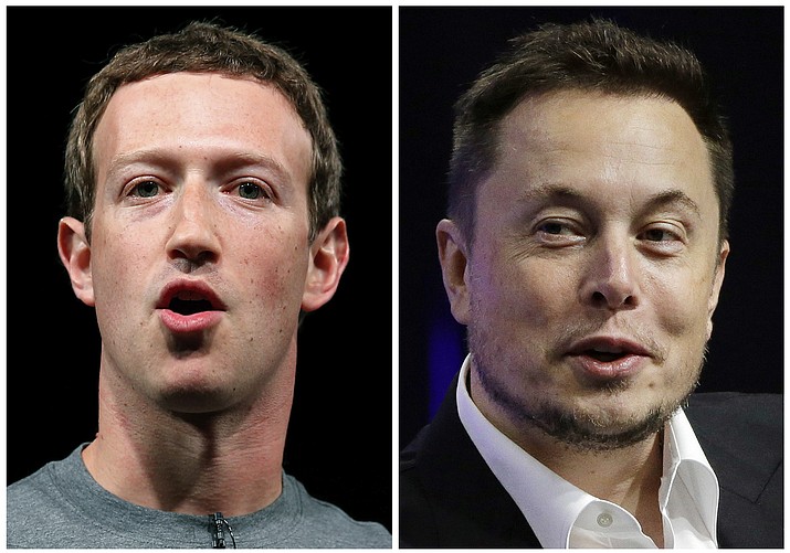 This combo of file images shows Facebook CEO Mark Zuckerberg, left, and Tesla and SpaceX CEO Elon Musk. (Manu Fernandez, Stephan Savoia/AP, File)