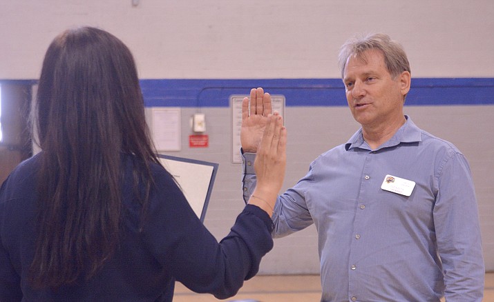Tedmond Soltis is sworn in as Camp Verde town manager at a work session in the community center gym Aug. 9, 2023. (VVN/Raquel Hendrickson)